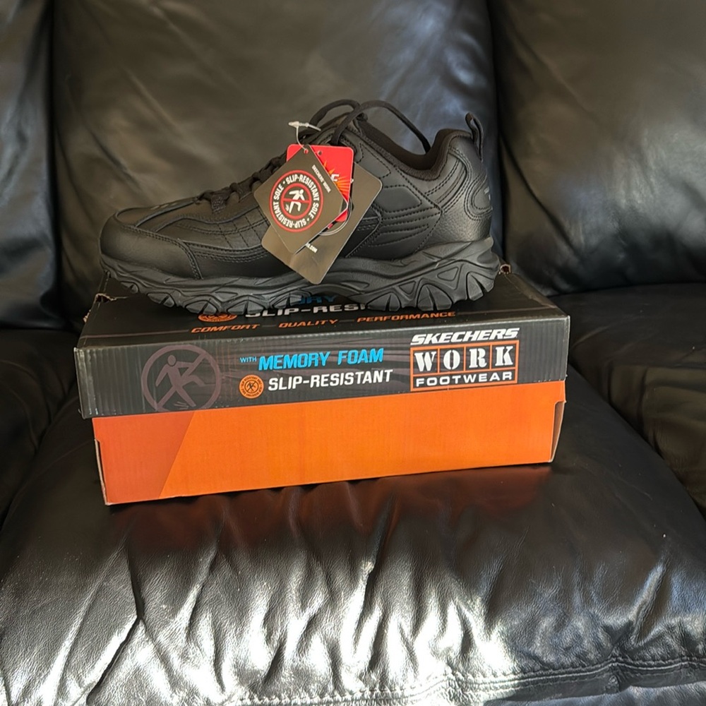 Black sketchers work footwear with memory foam and slip-resistant